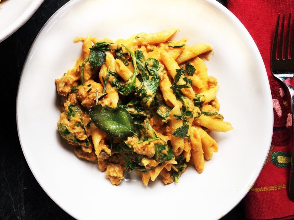 Pumpkin Penne with Sausage and Spinach