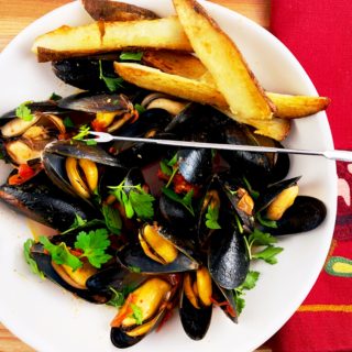 Brothy Mussels with Oven Fries