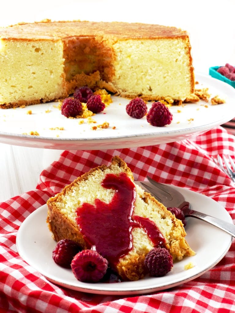 Cold Oven Cream Cheese Poundcake with Raspberry Sauce