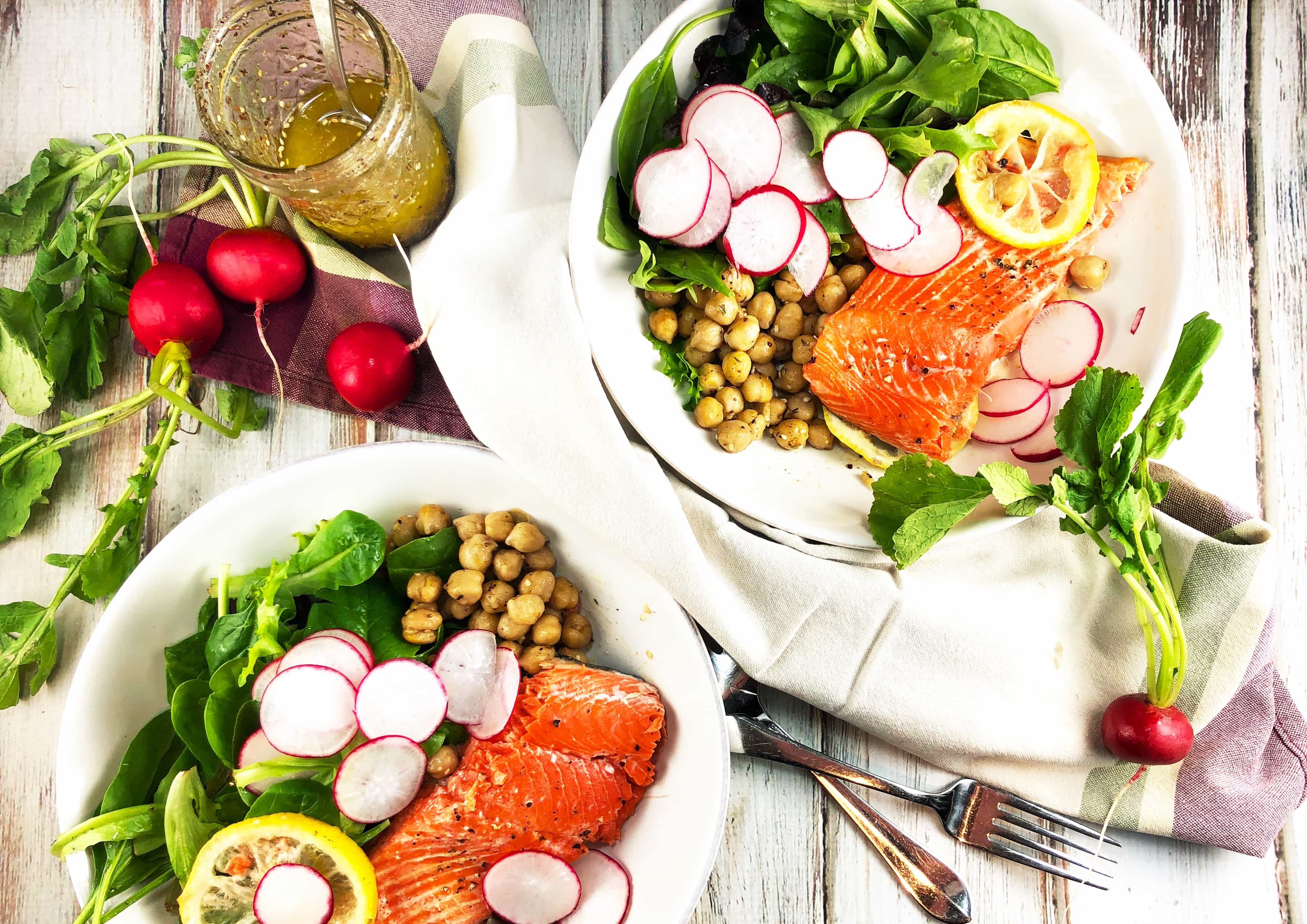 Healthy Bowl Lemony Salmon with Za’atar Spiced Chickpeas