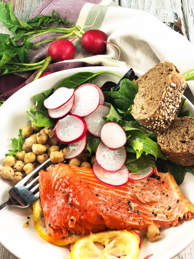 Lemony Salmon Za’atar Spiced Chickpea bowl