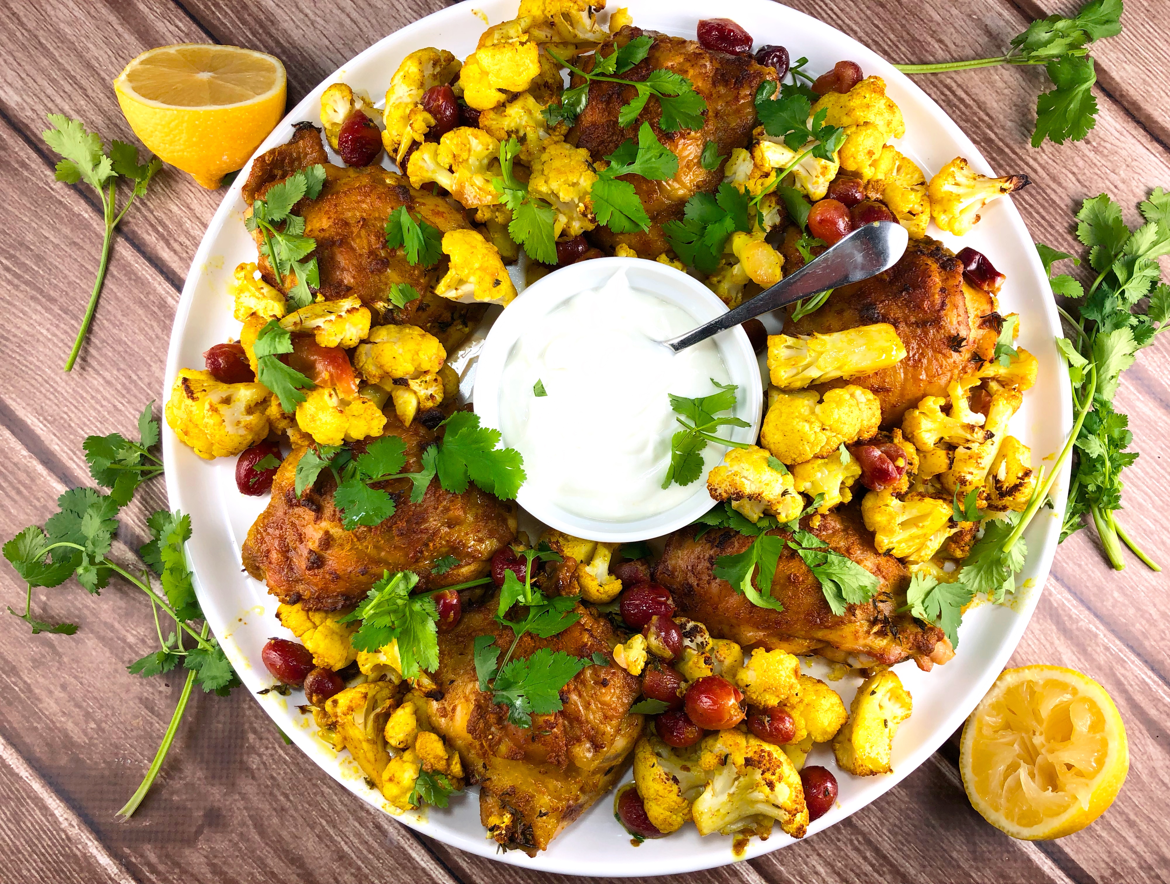 Sheet Pan Curried Chicken Thighs Cauliflower and Grapes