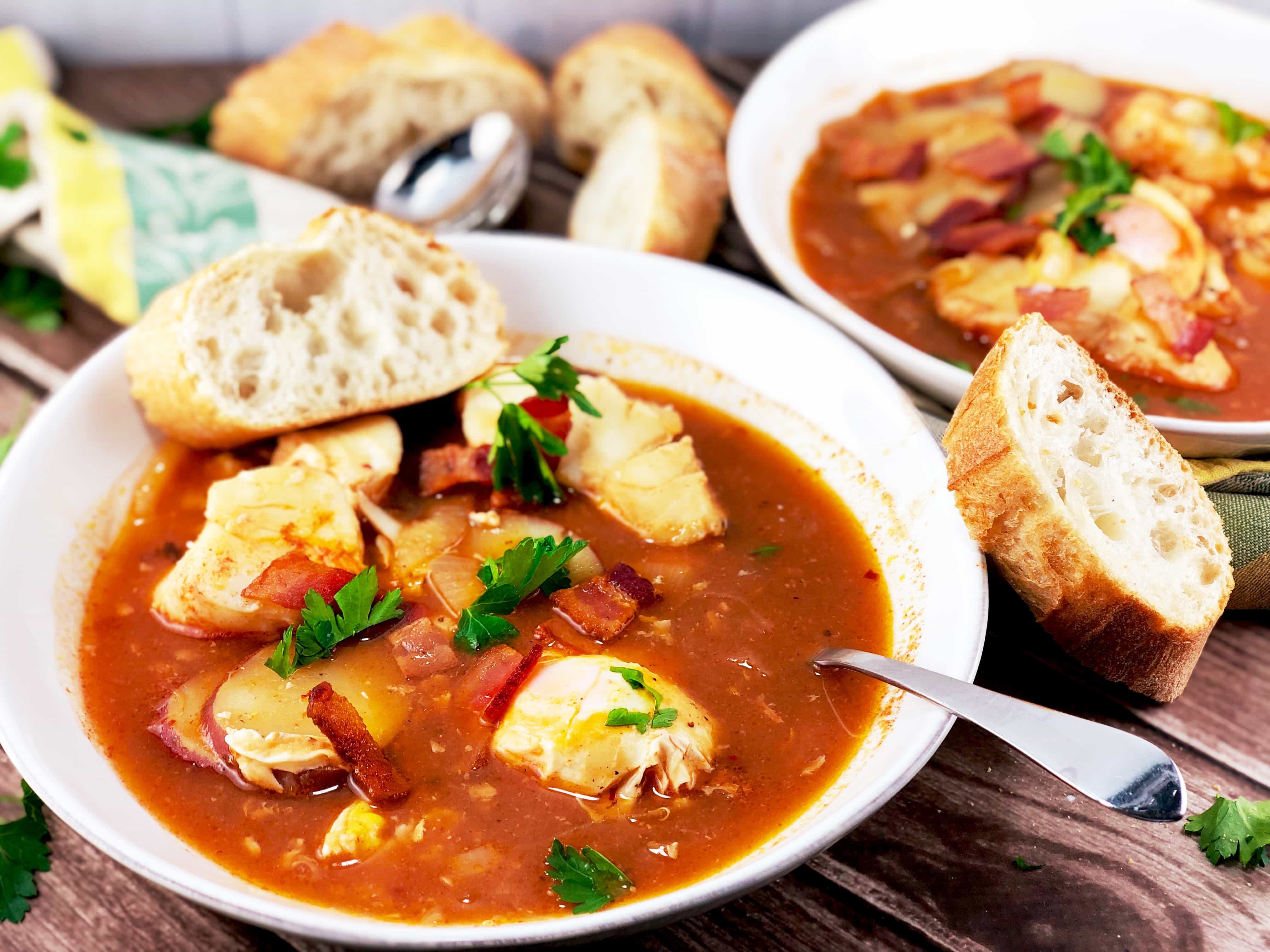 North Carolina Fish Stew with egg, whitefish and bacon