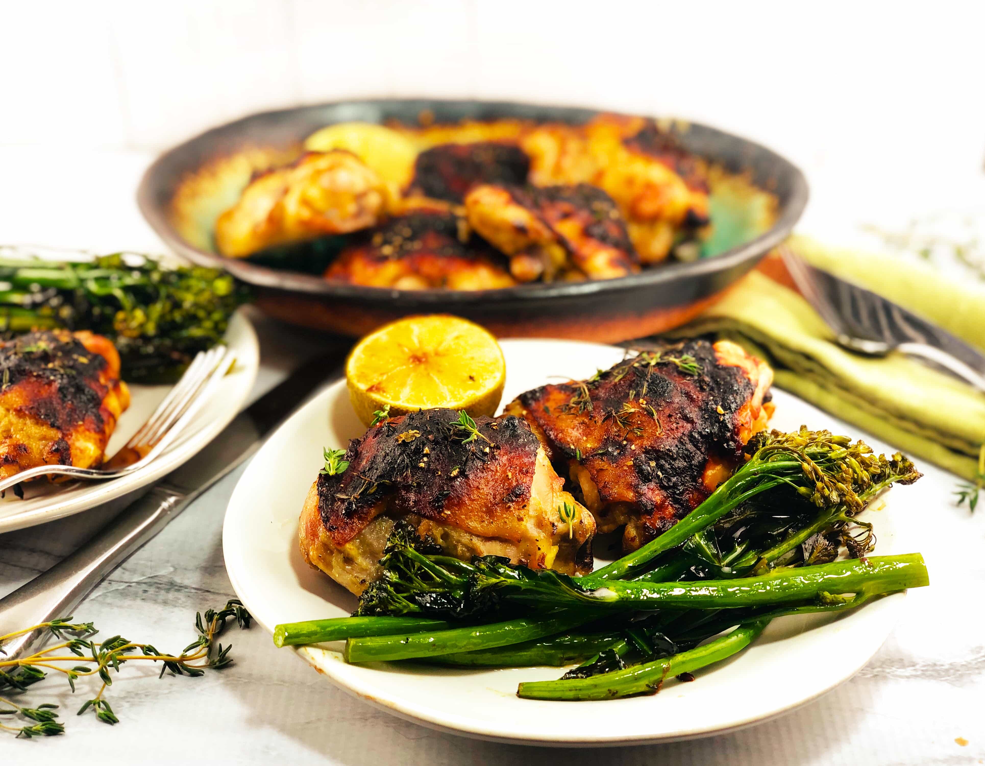 Rhubarb Chicken with Broccolini and Lime Wedge