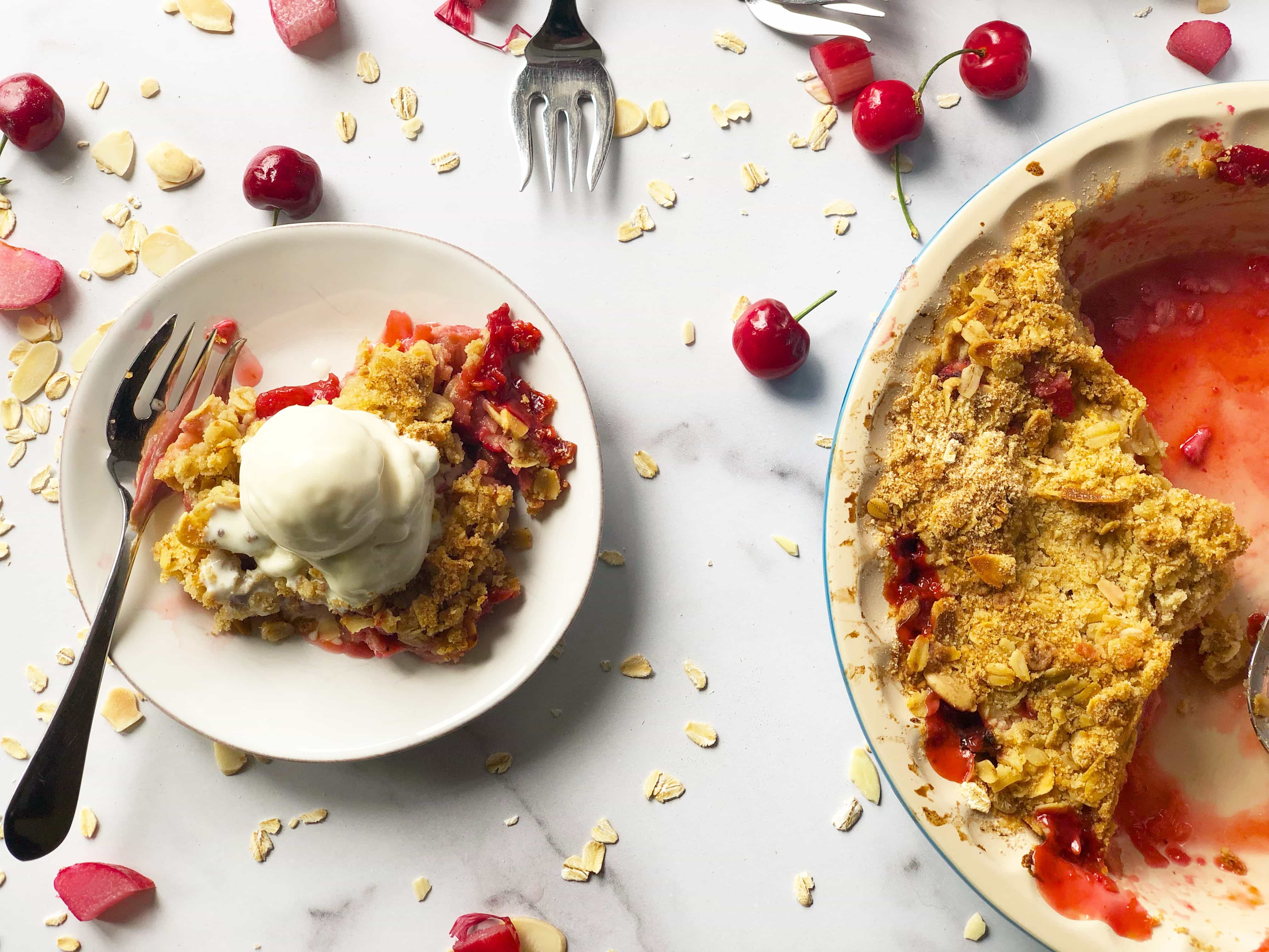 Strawberry Rhubarb Cherry Crisp with Ice Cream