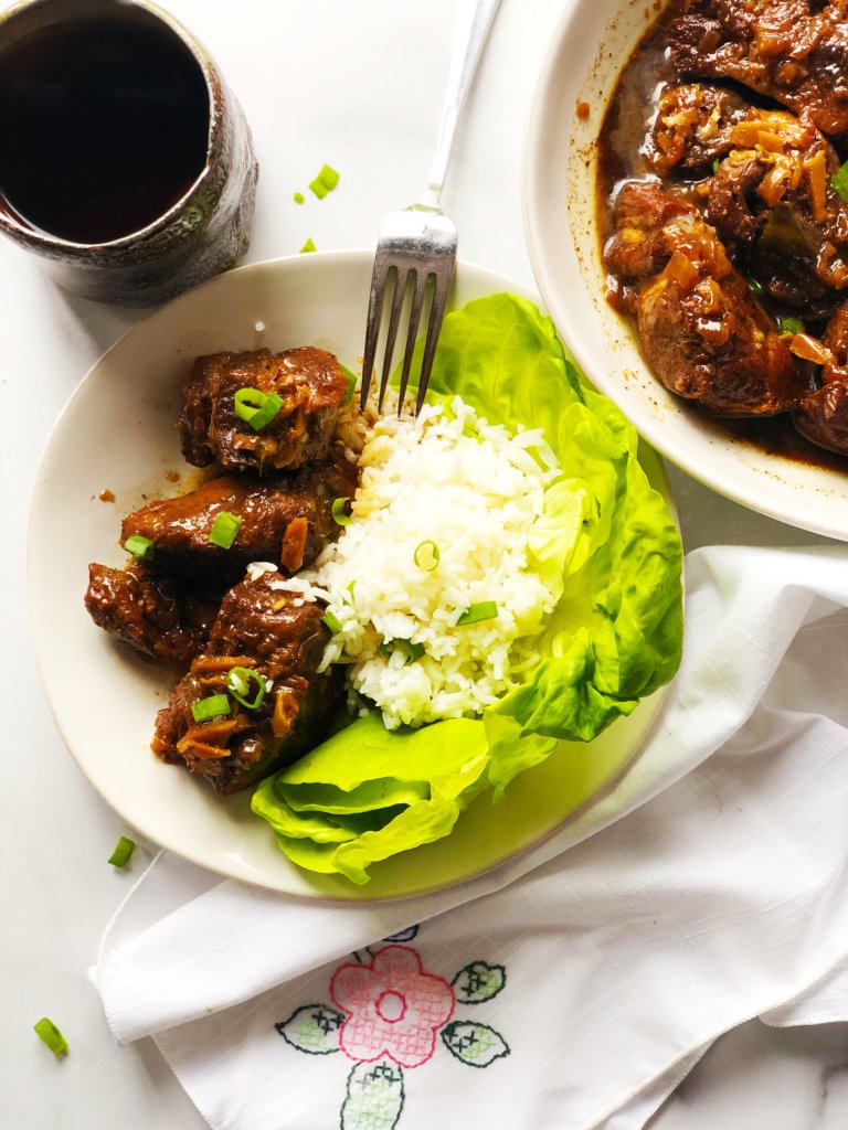 Caramel Pork with rice and lettuce