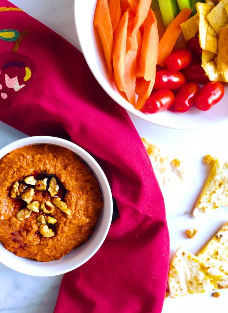 Muhammara Dip with veggies and pita chips