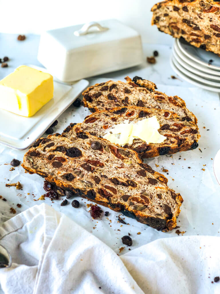 No knead bread with chocolate chips, pecans, dried cherries