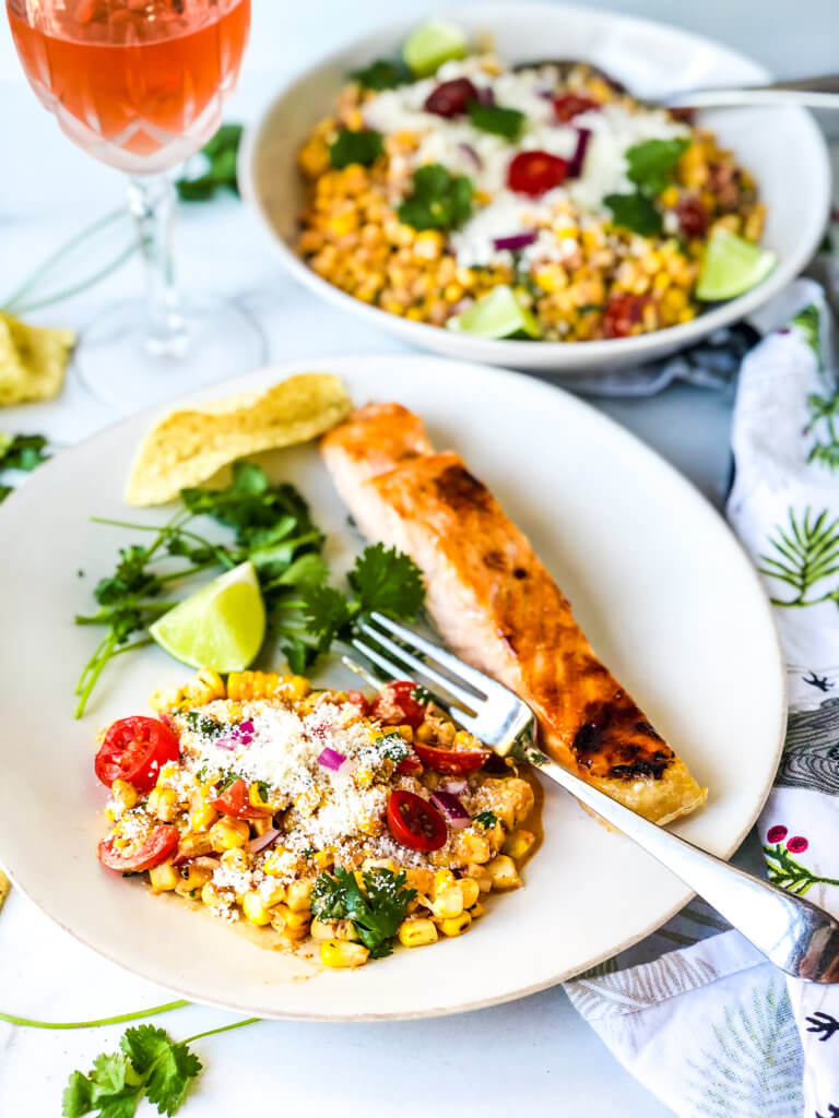 Mexican Street Corn salad served with salmon