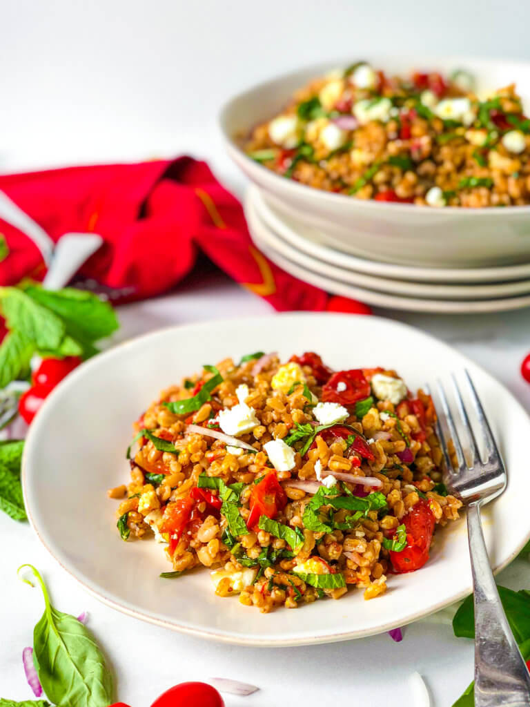 45-degree angle shot of a small plate of farro roasted tomato salad with shreds of mint and basil with little slices of red onion. Bigger bowl in background. Scattered herbs and cherry tomatoes over white background.