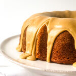 recipe featured image closeup of 1/2 Pumpkin bundt cake seen head-om
