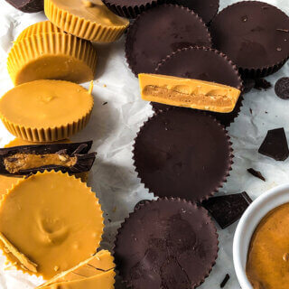 Homemade Peanut butter cups, including those made with Caramelized white chocolate and some with bittersweet chocolate