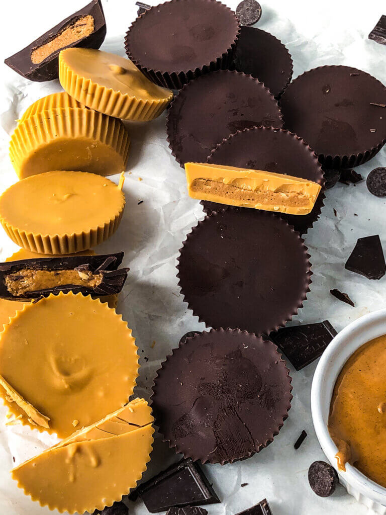 Homemade Peanut butter cups, including those made with Caramelized white chocolate and some with bittersweet chocolate