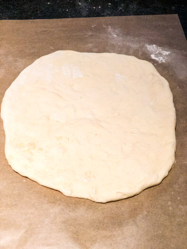 process shot showing overhead view of 9-10" rough circle of pizza dough