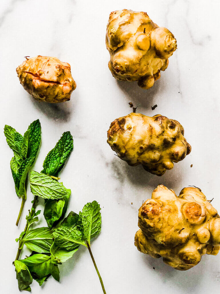 4 sunchokes, fresh basil and fresh mint make a lovely side dish