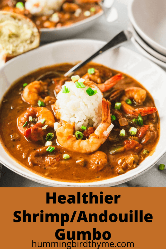 two bowls of Shrimp and Sausage Gumbo made with dry roux - healthier version uses way less fat!