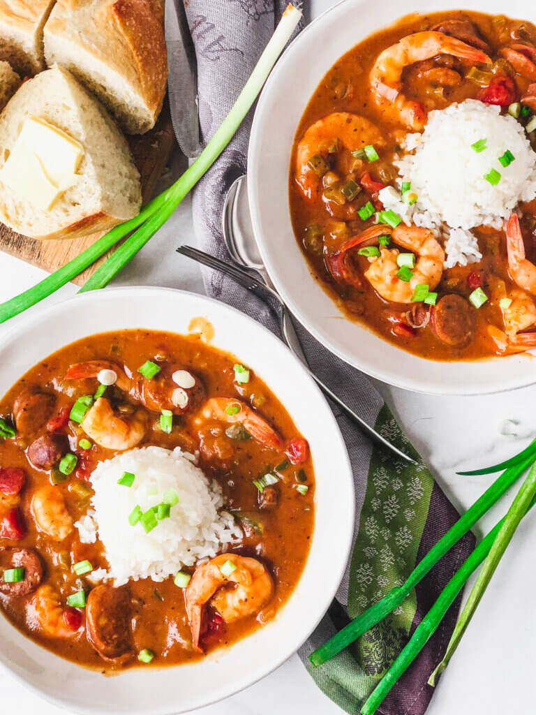 2 Big bowls of healthier Shrimp and Andouille Gumbo - made with Kevin Belton's dry roux