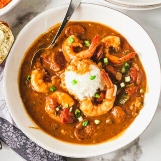 Big bowl of healthier Shrimp and Andouille Gumbo - made with Kevin Belton's dry roux