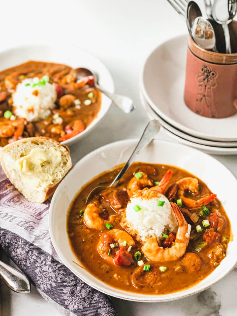 Big bowl of healthier Shrimp and Andouille Gumbo - made with Kevin Belton's dry roux