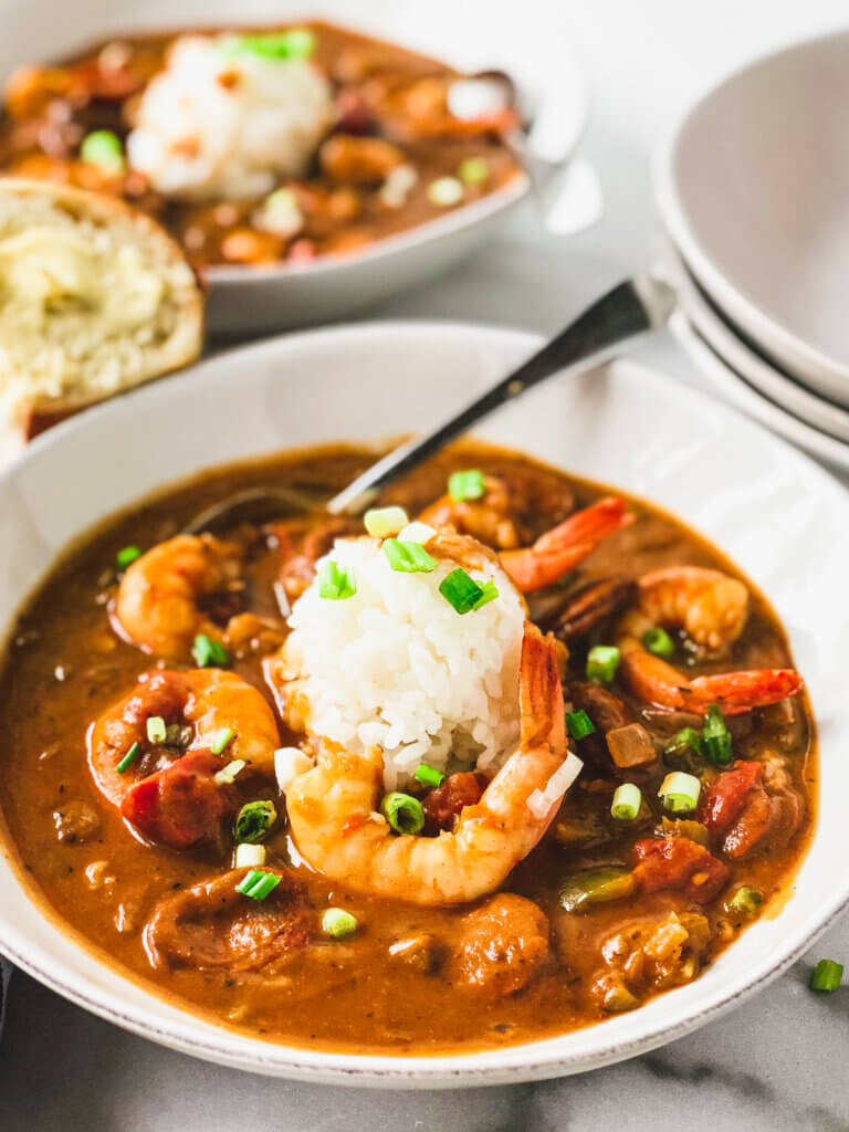 Big bowl of healthier Shrimp and Andouille Gumbo - made with Kevin Belton's dry roux