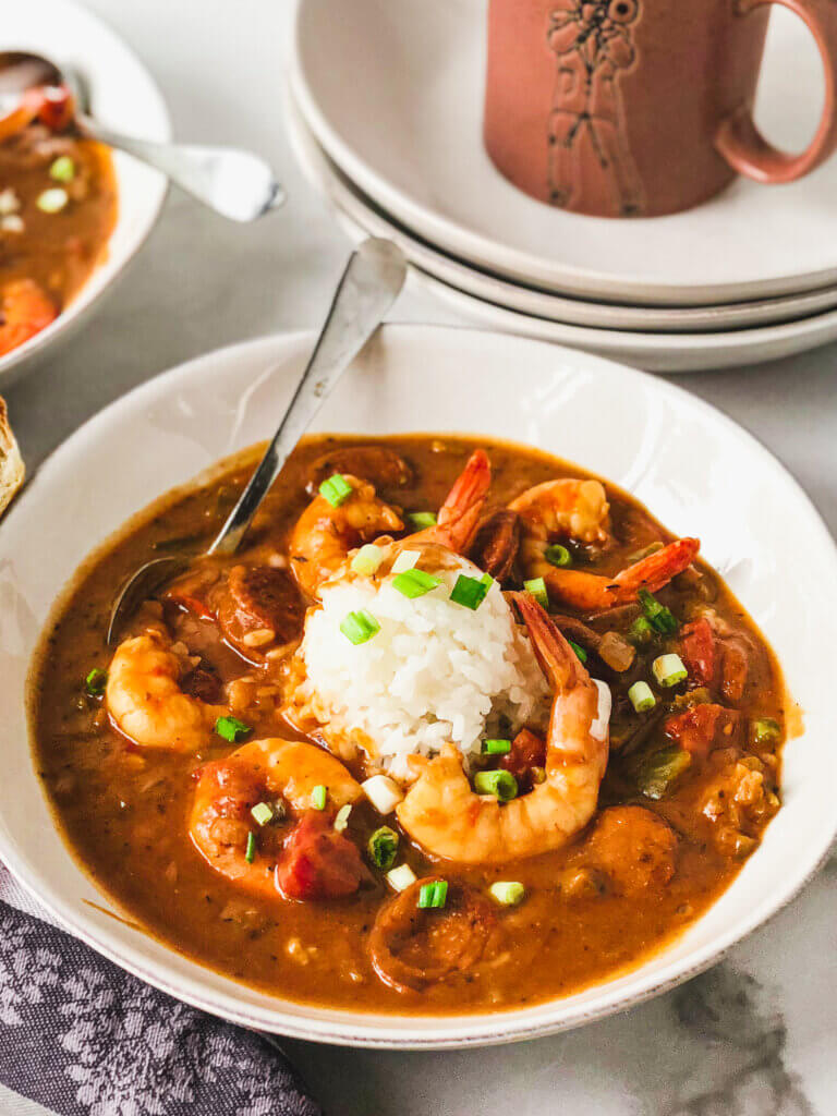 Big bowl of healthier Shrimp and Andouille Gumbo - made with Kevin Belton's dry roux