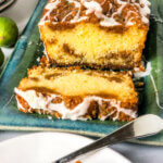 Shows layers of streusel and cake in Key Lime pound cake with streusel loaf