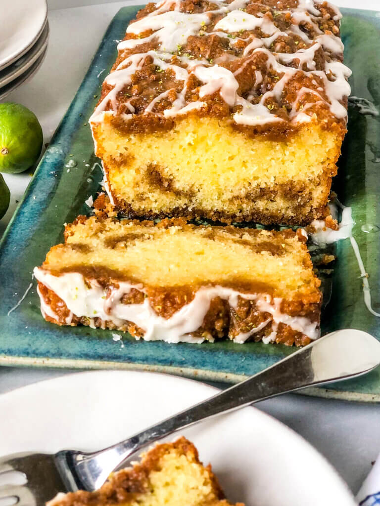 Shows layers of streusel and cake in Key Lime pound cake with streusel loaf