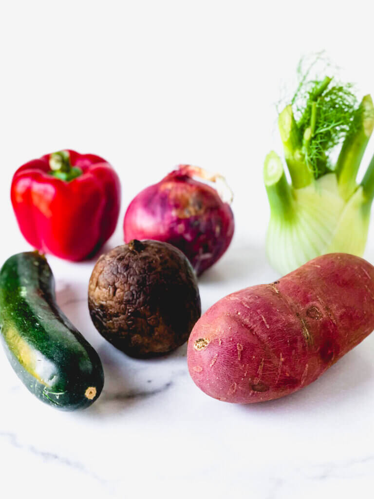 all the vegetables for Vegan Farro Vegetable Salad: Red pepper, onion, fennel, yam, beet, zucchini