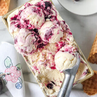 Goat Cheese and Sweet Cherries combine to make the most delicious, tangy/sweet, flavorful ice cream! And, it's no-churn!