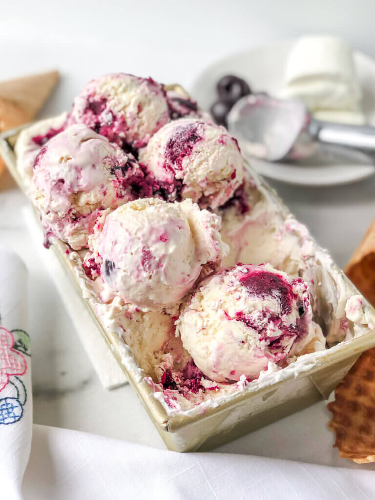 Goat Cheese and Sweet Cherries combine to make the most delicious, tangy/sweet, flavorful ice cream! And, it's no-churn!