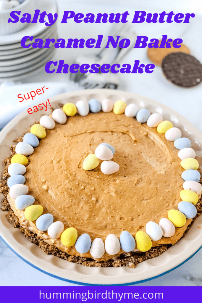 Salted peanut butter caramel cheesecake, a no-bake pie with 2-ingredient chocolate cookie crust, simple peanut butter caramel filling, and candy on top!