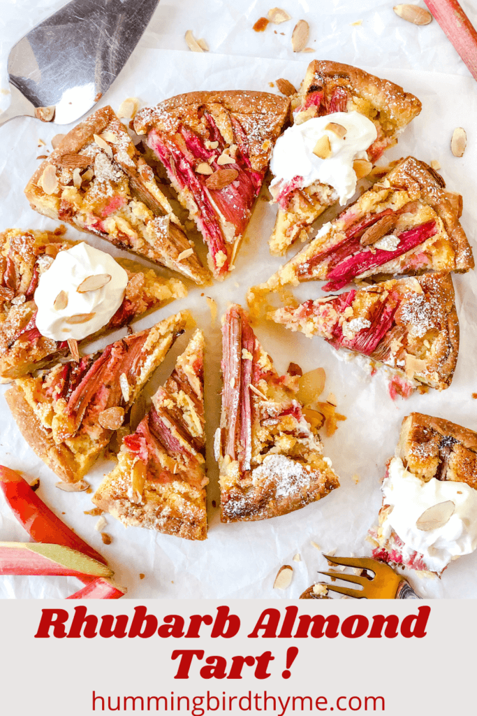 Rhubarb Frangipane Tart - a  beautiful Bakewell tart with orange accented almond filling, strips of rhubarb and roasted almonds. Indescribably delicious!