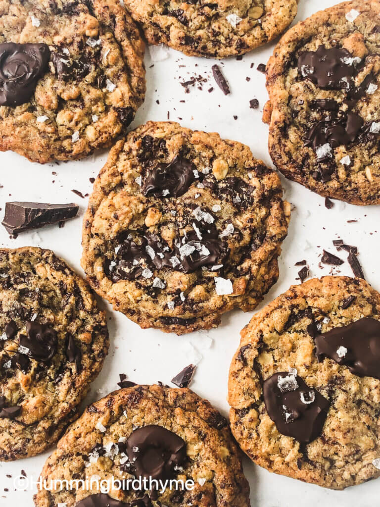 Sea Salt Chocolate Oatmeal Cookies are oaty and chocolatey with a butterscotch flavor thanks to the browned butter and brown sugar dough.