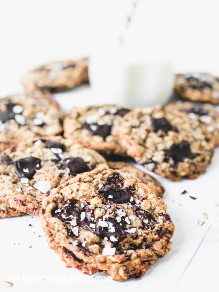 Sea Salt Chocolate Oatmeal Cookies are oaty and chocolatey with a butterscotch flavor thanks to the browned butter and brown sugar dough.