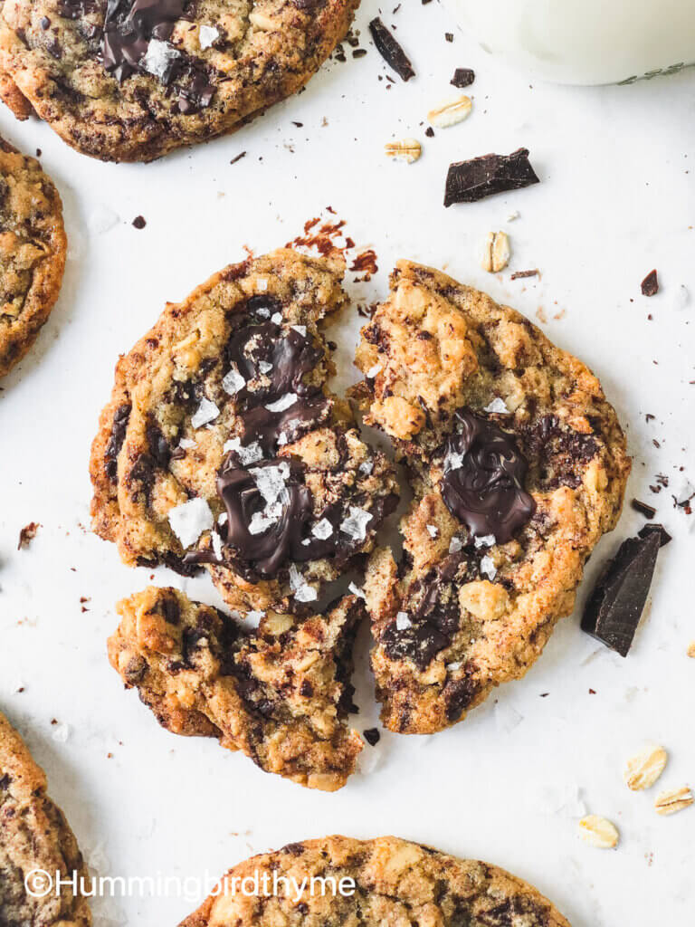 Sea Salt Chocolate Oatmeal Cookies are oaty and chocolatey with a butterscotch flavor thanks to the browned butter and brown sugar dough.