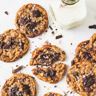 Sea Salt Chocolate Oatmeal Cookies are oaty and chocolatey with a butterscotch flavor thanks to the browned butter and brown sugar dough.