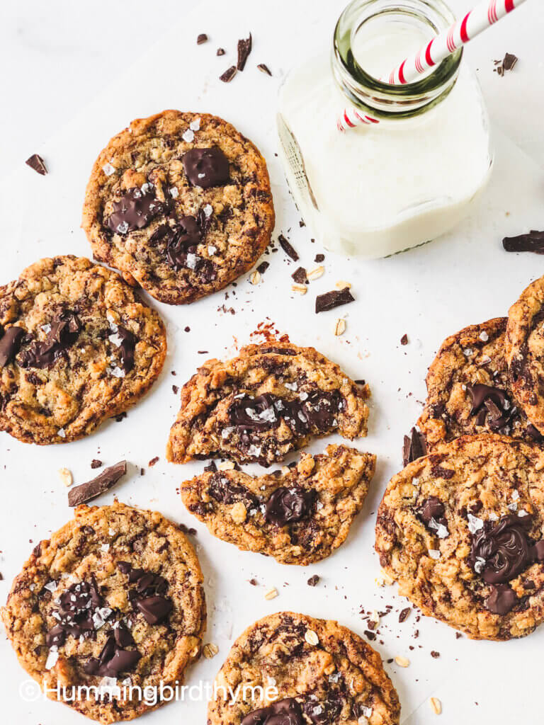 Sea Salt Chocolate Oatmeal Cookies are oaty and chocolatey with a butterscotch flavor thanks to the browned butter and brown sugar dough.