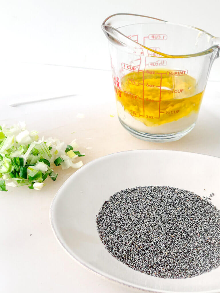 Ingredients for Lime Poppyseed Dressing include Mayonnaise, Oil, Onion, Poppyseeds