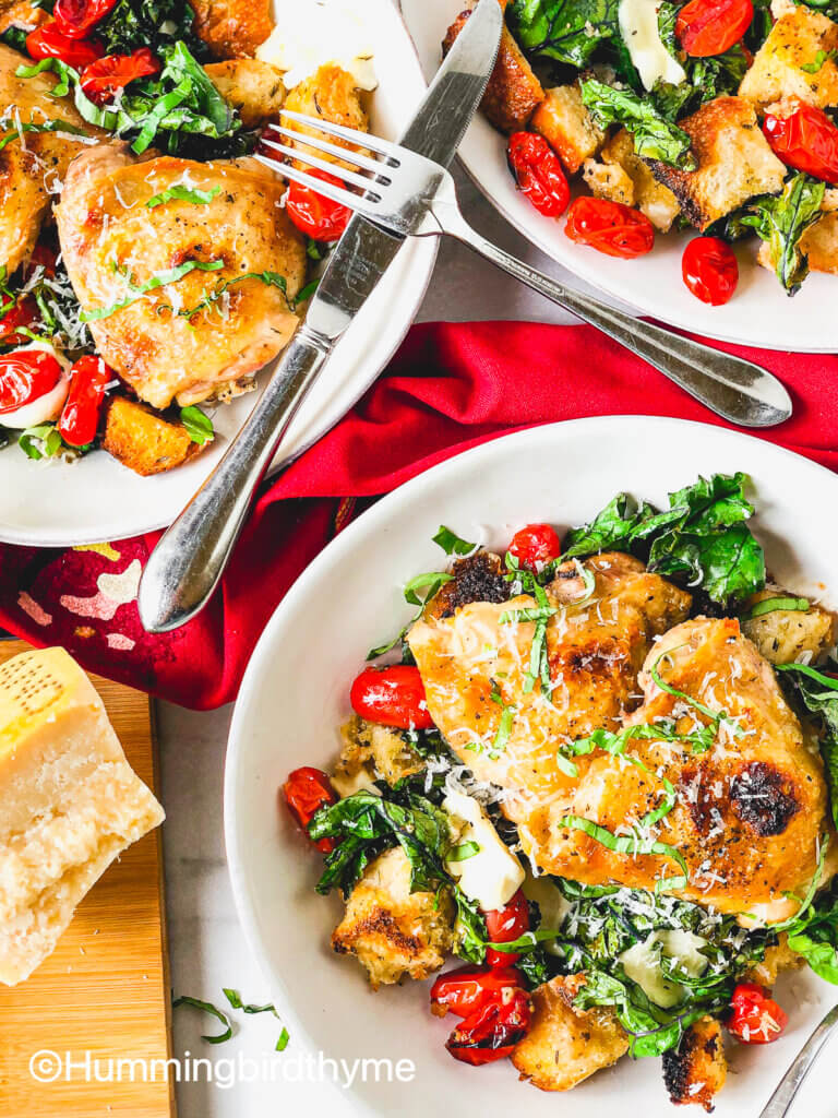 Sheet Pan Panzanella with Chicken and Kale - juicy and crispy chicken atop garlicky croutons, juicy tomatoes, tender kale and gooey mozzarella - this is the Salad of the Season! So easy!