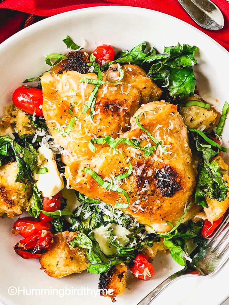 Sheet Pan Panzanella with Chicken and Kale - juicy and crispy chicken atop garlicky croutons, juicy tomatoes, tender kale and gooey mozzarella - this is the Salad of the Season! So easy!