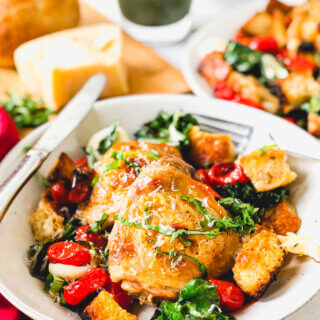 Sheet Pan Panzanella with Chicken and Kale - juicy and crispy chicken atop garlicky croutons, juicy tomatoes, tender kale and gooey mozzarella - this is the Salad of the Season! So easy!