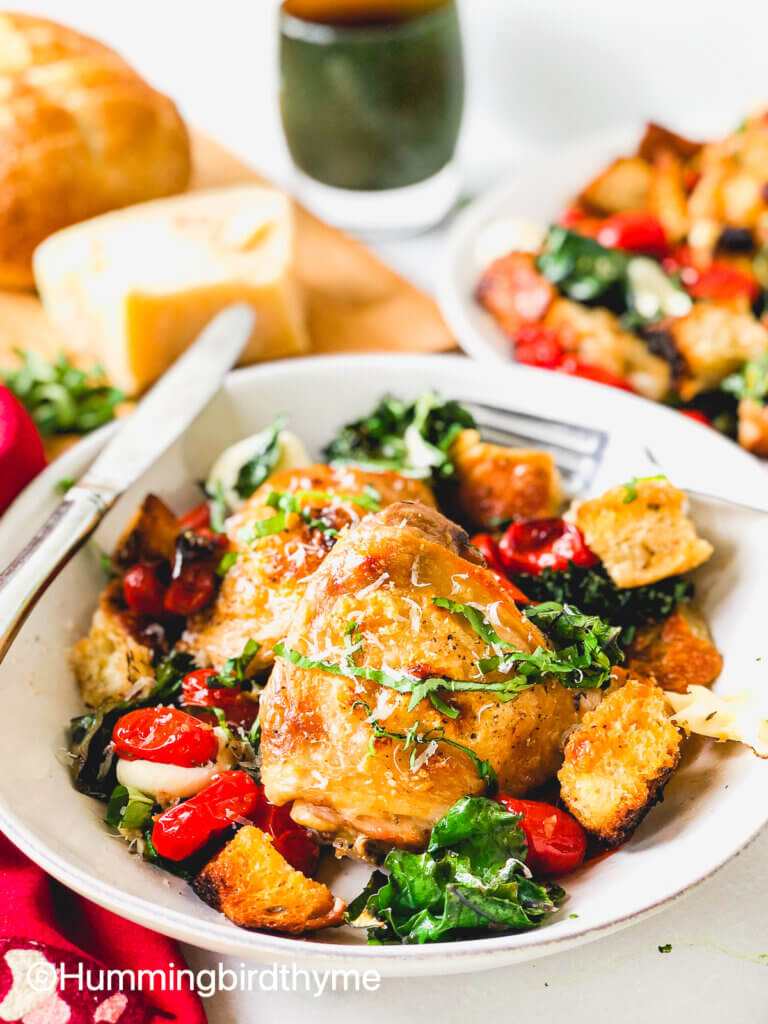 Sheet Pan Panzanella with Chicken and Kale - juicy and crispy chicken atop garlicky croutons, juicy tomatoes, tender kale and gooey mozzarella - this is the Salad of the Season! So easy!