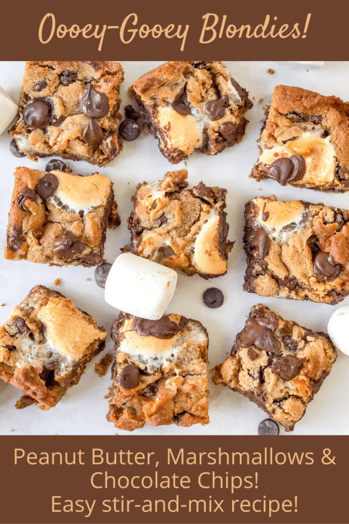 These easy-to-make Peanut Butter Marshmallow Blondies with chocolate chips are ooey-gooey scrumptious and SO QUICK and EASY to make!