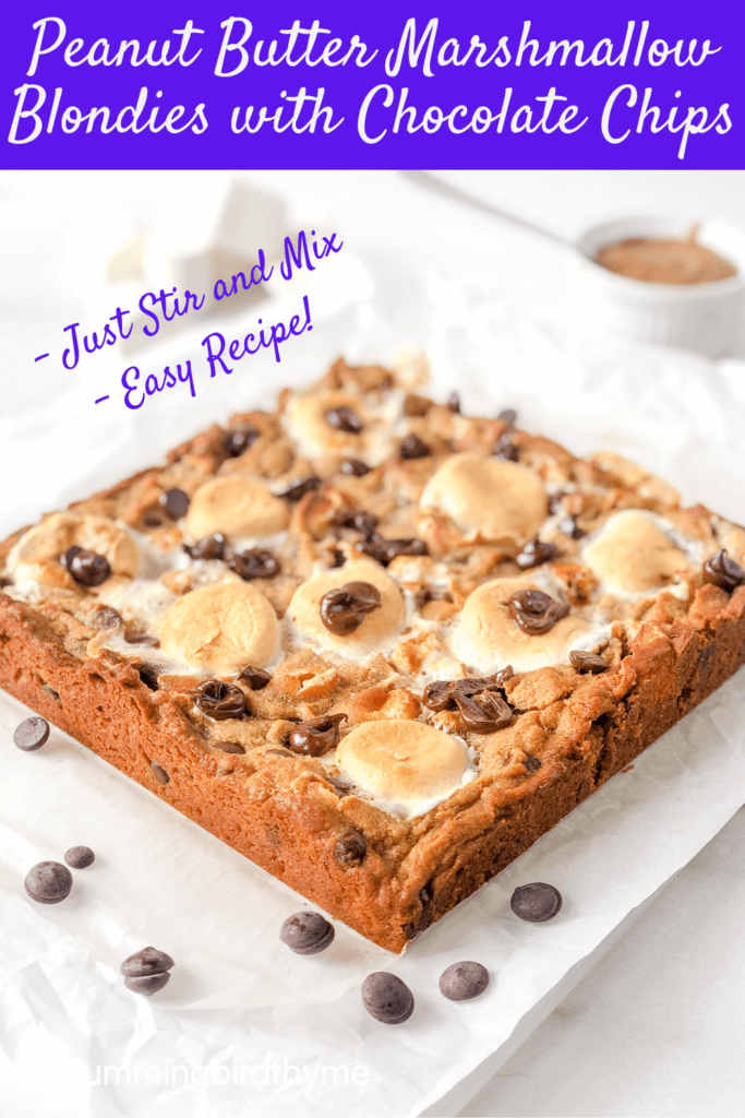 These easy-to-make Peanut Butter Marshmallow Blondies with chocolate chips are ooey-gooey scrumptious and SO QUICK and EASY to make!